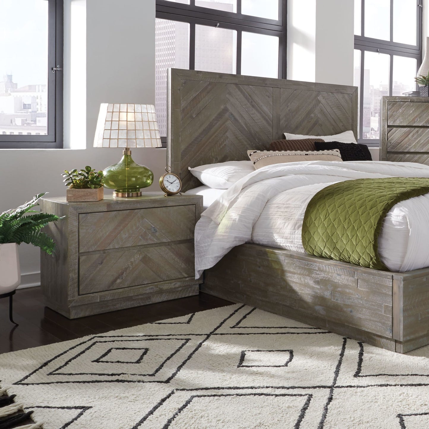 Modus Herringbone Solid Wood Two Drawer Nightstand in Rustic LatteImage 1