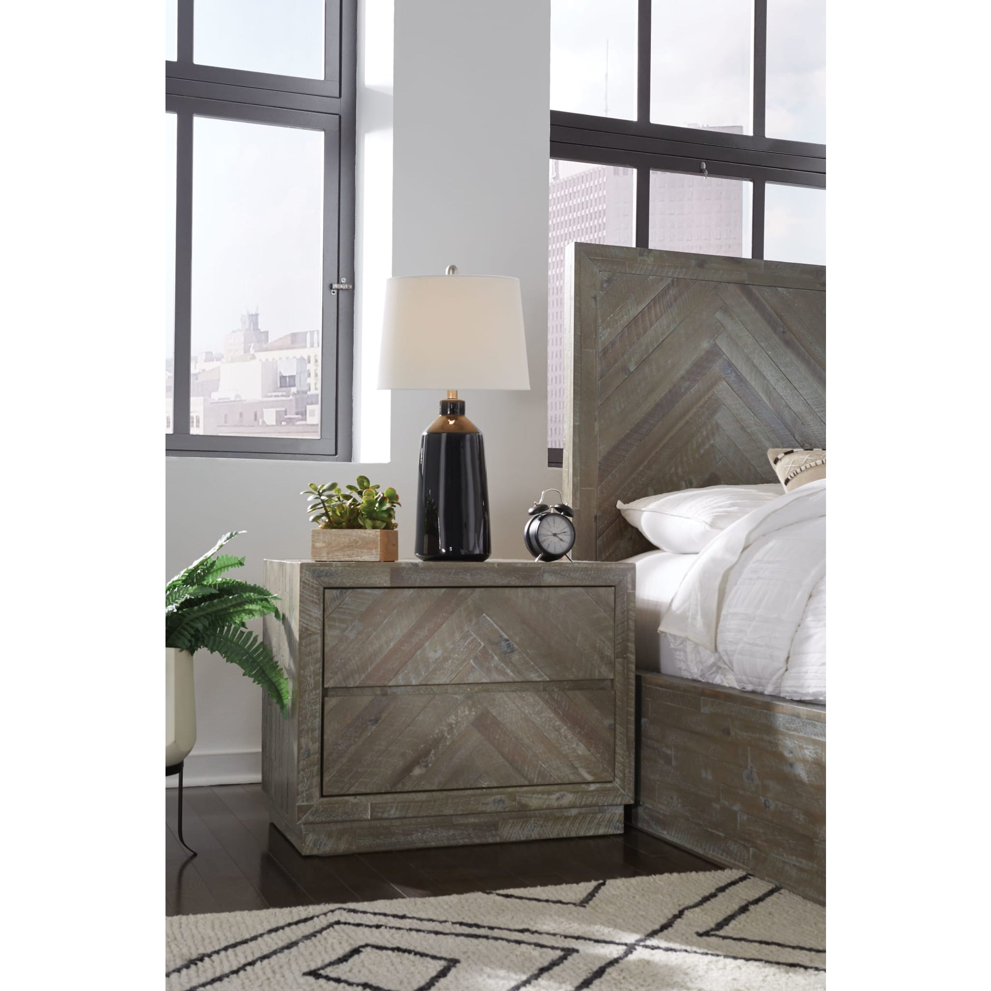 Modus Herringbone Solid Wood Two Drawer Nightstand in Rustic LatteMain Image