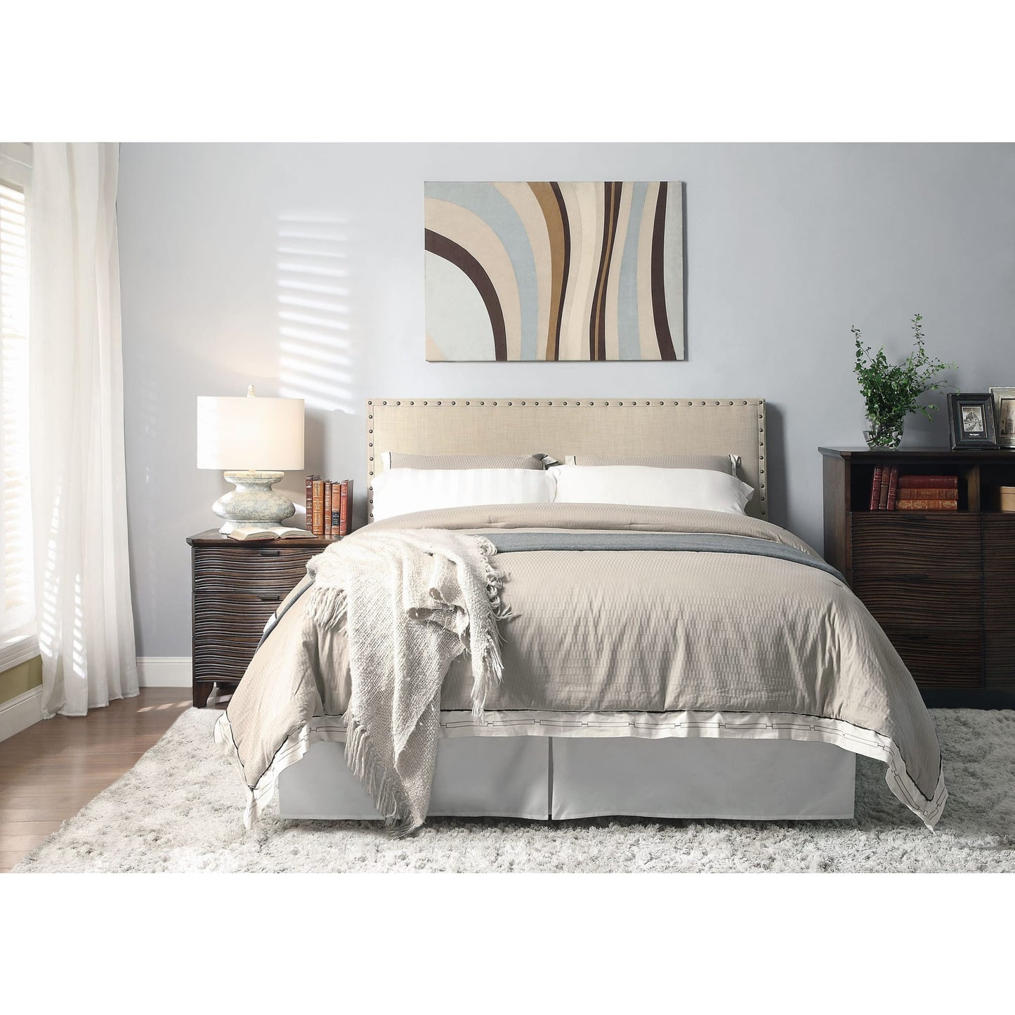 Modus Tavel Nailhead Upholstered Platform Bed in Toast LinenImage 1
